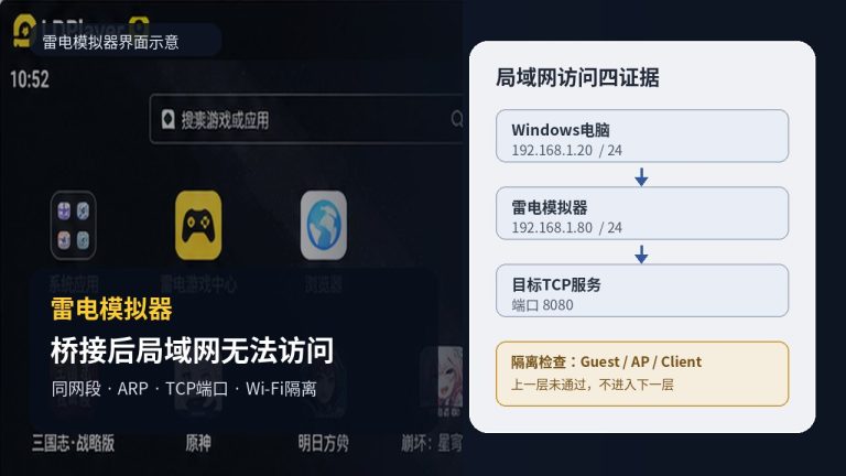 雷电模拟器桥接后局域网无法访问：同网段、TCP端口与Wi-Fi隔离排查