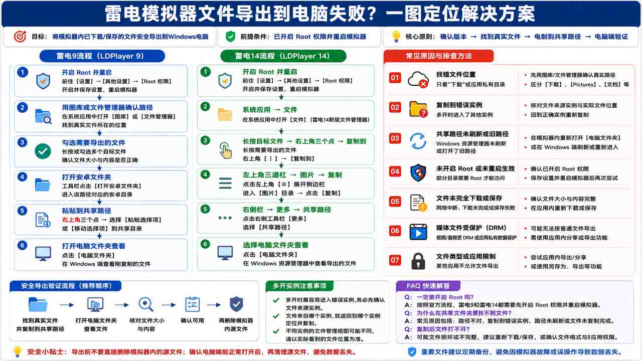 雷电模拟器文件导出到电脑失败时的路径、版本、实例与文件完整性判断流程
