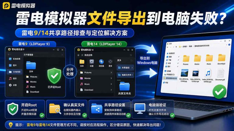 雷电模拟器文件导出到电脑失败：雷电9/14共享文件夹与路径排查