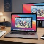 雷电模拟器 Mac 版在 MacBook Pro 上运行手游的界面，旁边放着挂机性能优化指南手册。