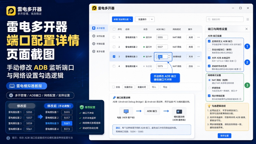 雷电模拟器多开实例设备号与ADB连接状态检查界面
