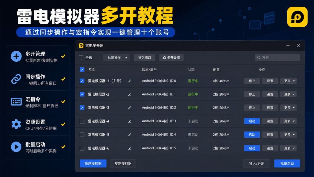 雷电模拟器多开器同步操作与宏指令批量管理示意图