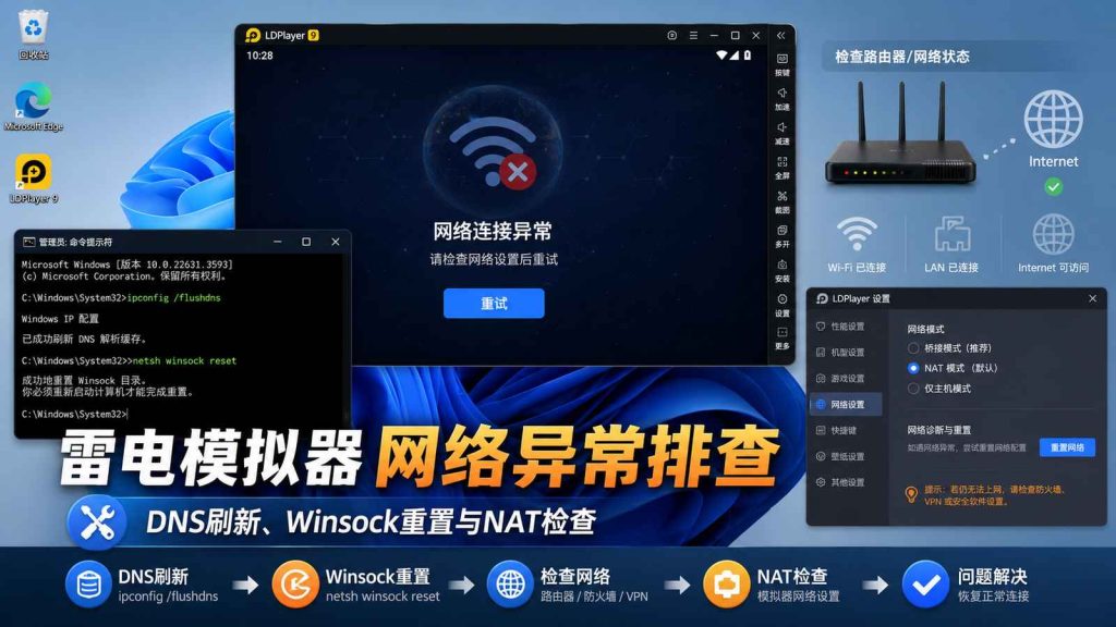 雷电模拟器网络连接失败但电脑能上网：Windows 11 DNS、NAT与Winsock修复