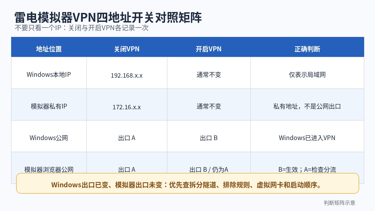 雷电模拟器VPN四地址开关对照与Windows路由判断矩阵