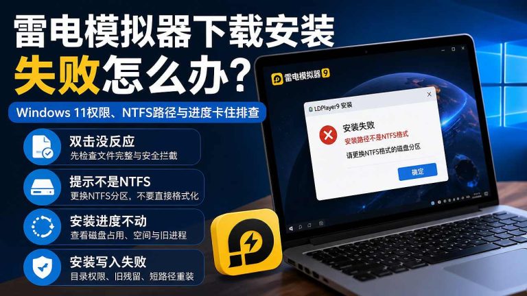 雷电模拟器下载后安装失败怎么办？Windows 11权限、NTFS路径与进度卡住排查