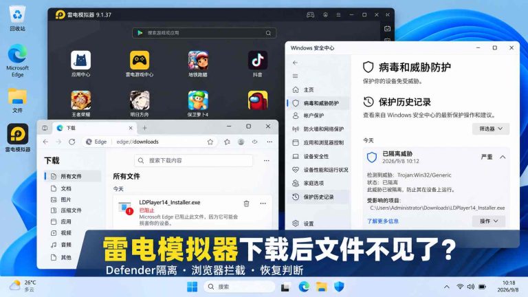雷电模拟器下载后文件不见了？Defender隔离、浏览器拦截与恢复判断